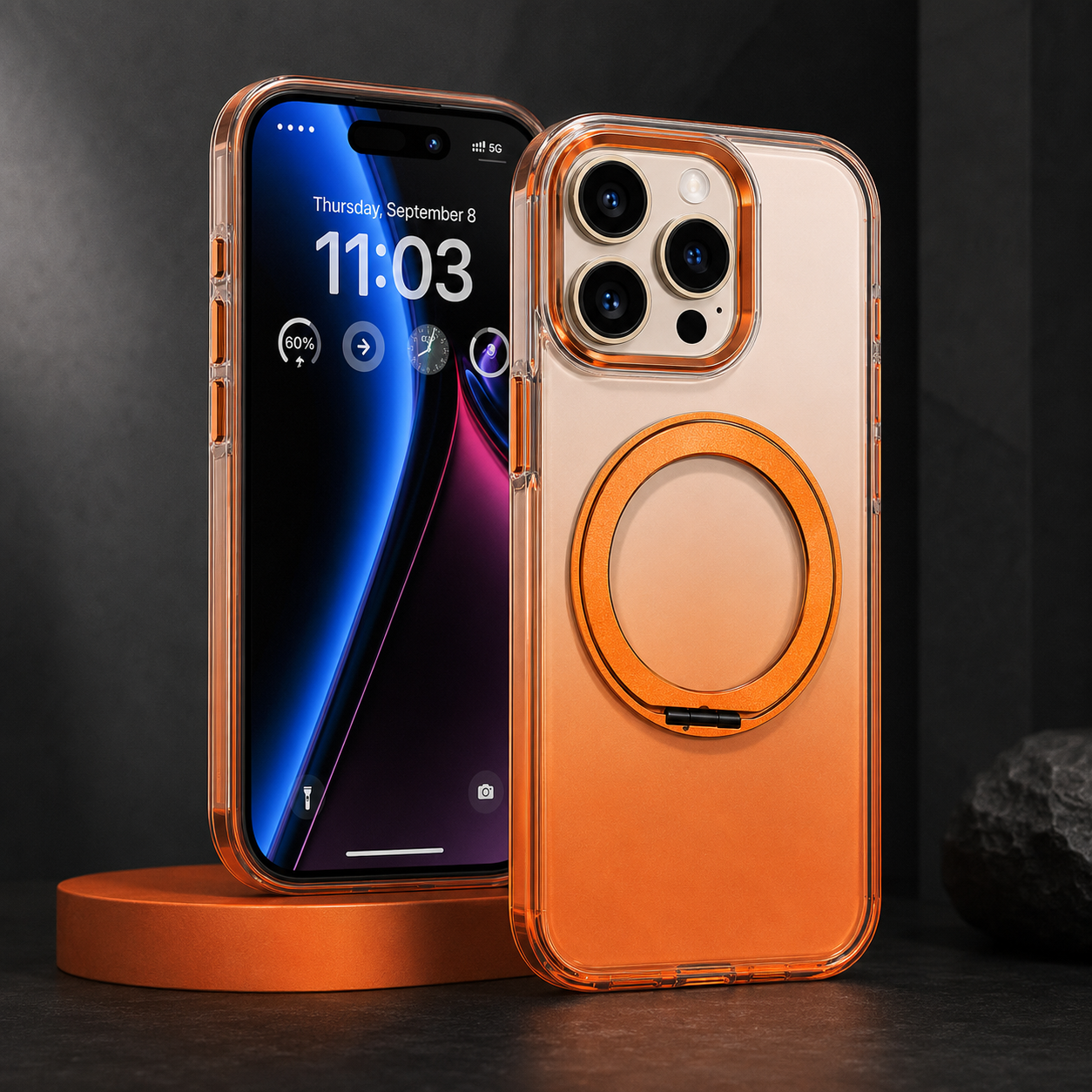 Transparent MagSafe Stand Double Colour Case For iPhone16 Pro(Orange)