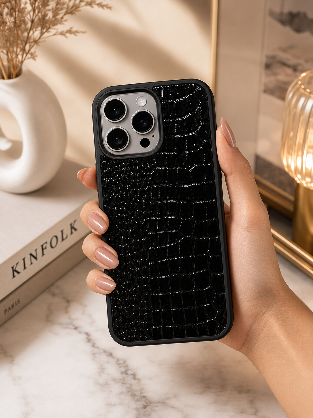 Croco Pattern PU leather Case For iPhone16 Pro Max(Black)