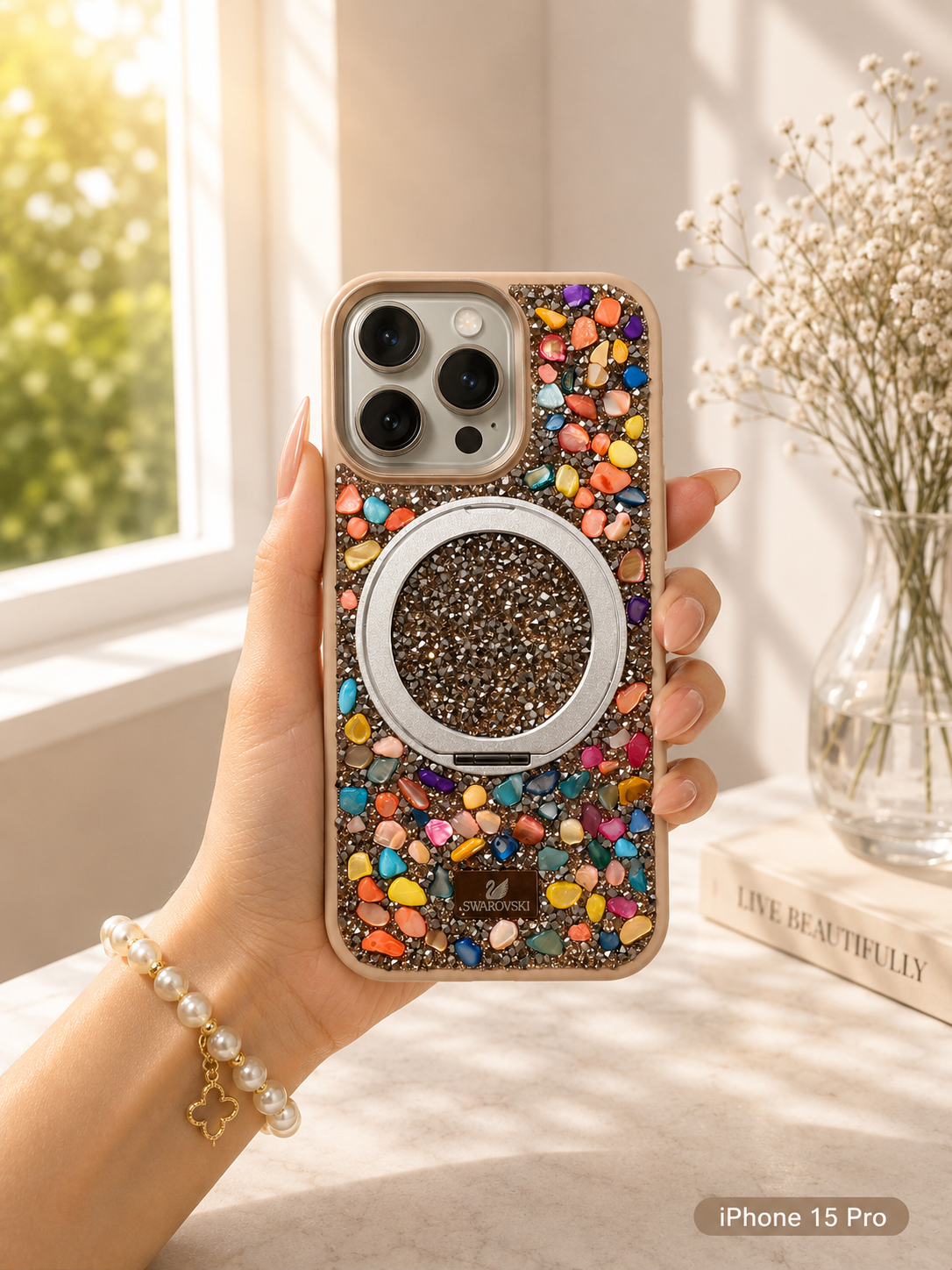 Swarovski Glitter Stone Design MagSafe Stand Case For iPhone 15 Pro(Multicolour)