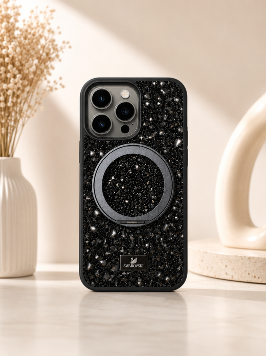 Swarovski Glitter Stone Design MagSafe Stand Case For iPhone 15 Pro(Black)