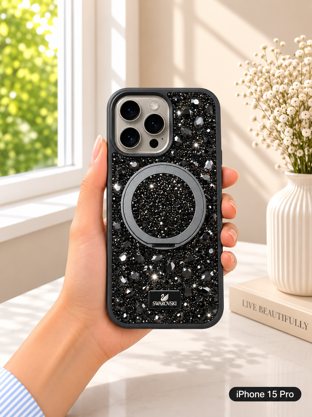 Swarovski Glitter Stone Design MagSafe Stand Case For iPhone 15 Pro(Black)