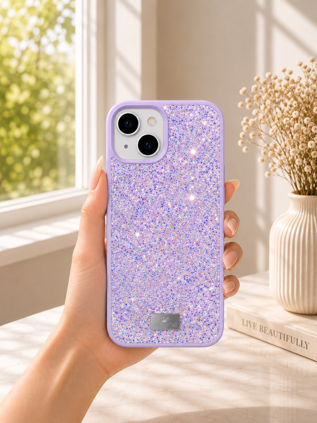 Swarovski Glitter Rhinestone Designer Case For iPhone 15 Plus(L.Purple)