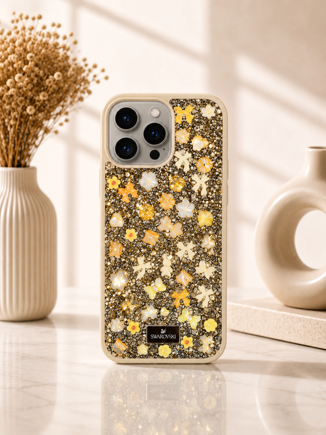 Swarovski Glitter Rhinestone Designer Case For iPhone 15 Pro(Golden)