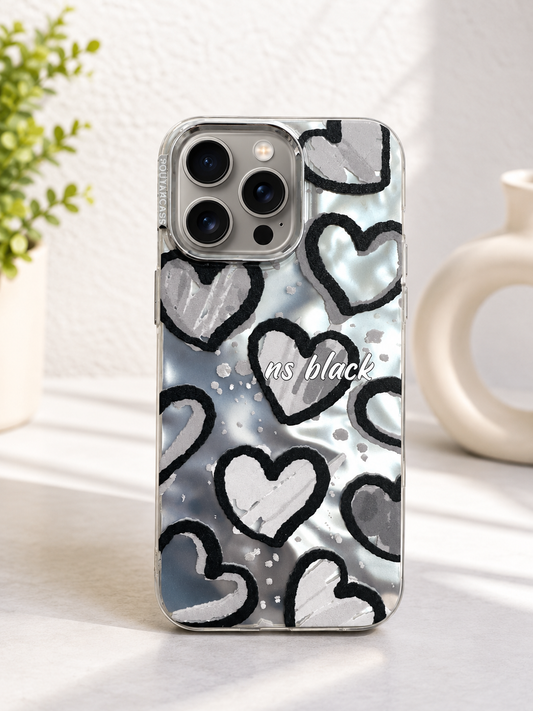 Silver Chrome Foil Shine Case For iPhone 15 Pro Max (Black Heart)