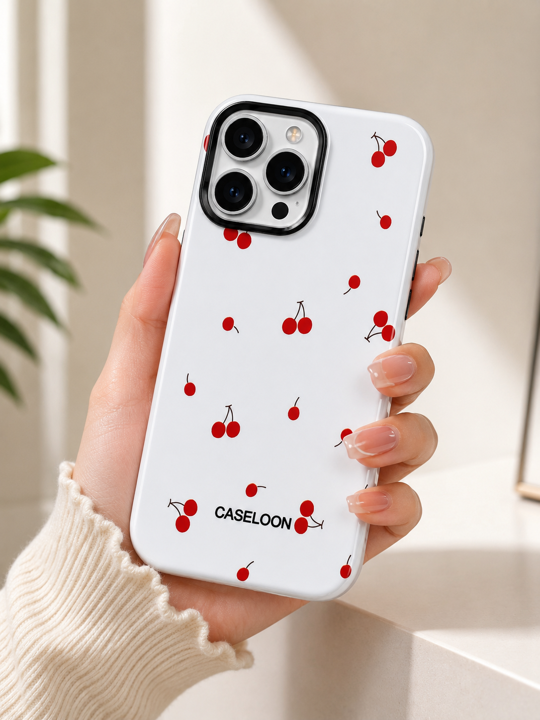 Glossy Designer Case For iPhone 15 Pro Max (Red/White Cherry)
