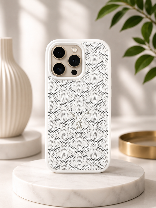 Branded PU Leather Case for iPhone 15 Pro Max (White)