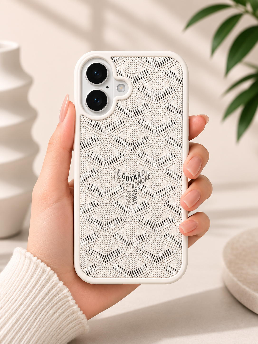 Branded PU Leather Case for iPhone 16 (White)