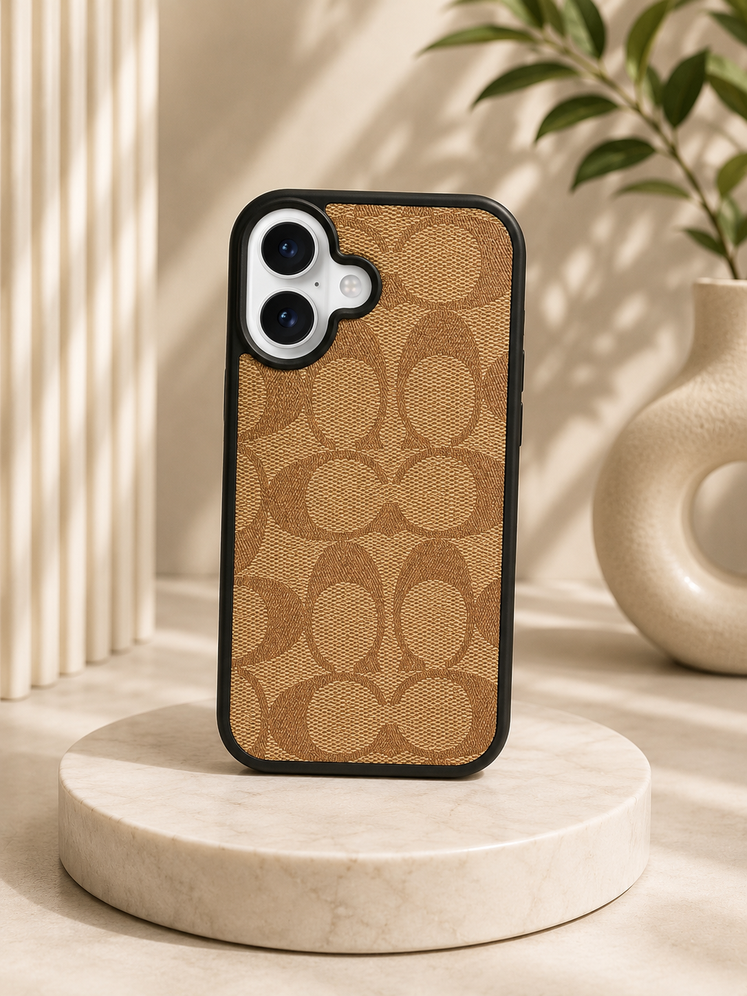 CCH Luxury Branded PU Leather Case for iPhone 16 (Light Brown)