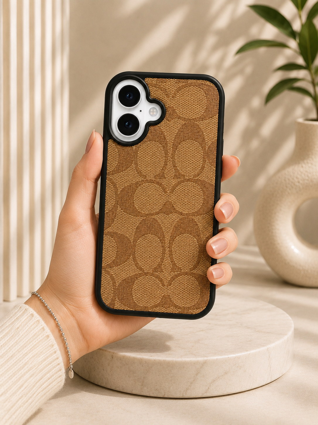 CCH Luxury Branded PU Leather Case for iPhone 16 (Light Brown)