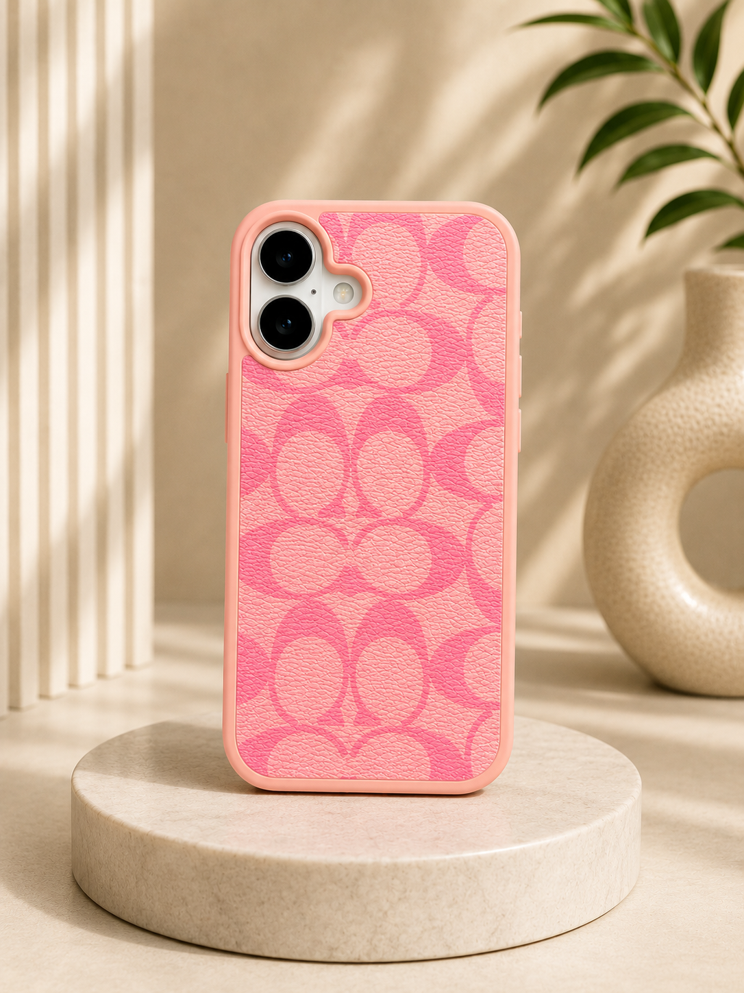 CCH Luxury Branded PU Leather Case for iPhone 16 (Pink)