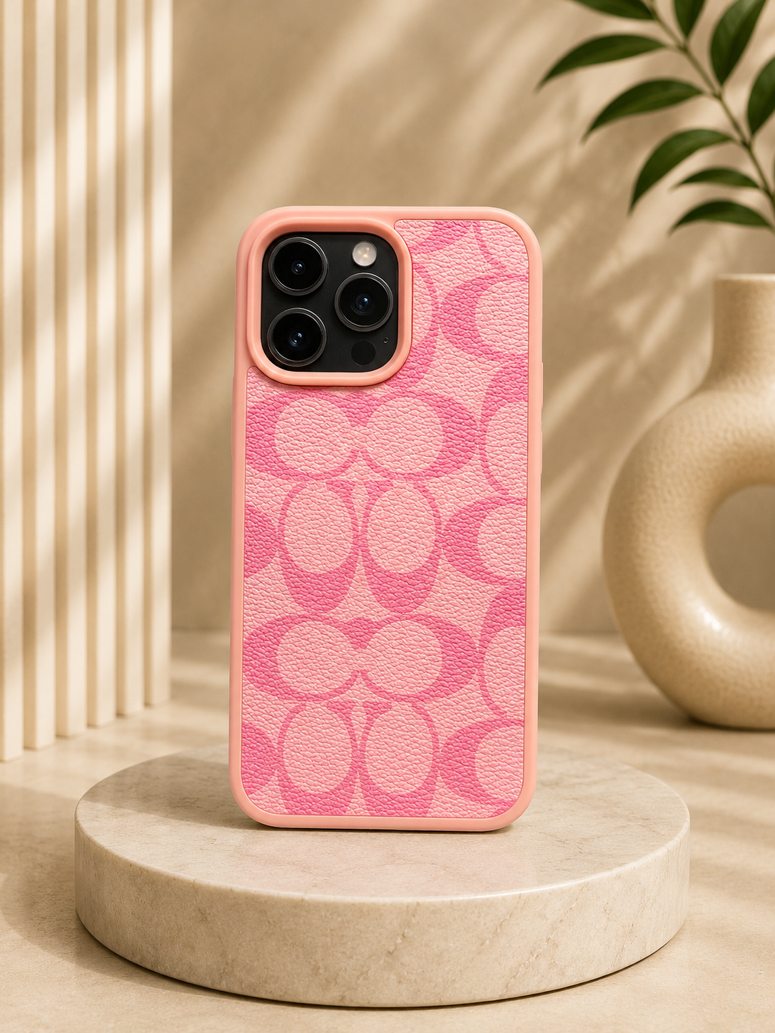 CCH Luxury Branded PU Leather Case for iPhone 16 Pro Max (Pink)
