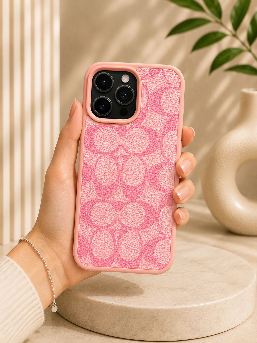 CCH Luxury Branded PU Leather Case for iPhone 16 Pro Max (Pink)