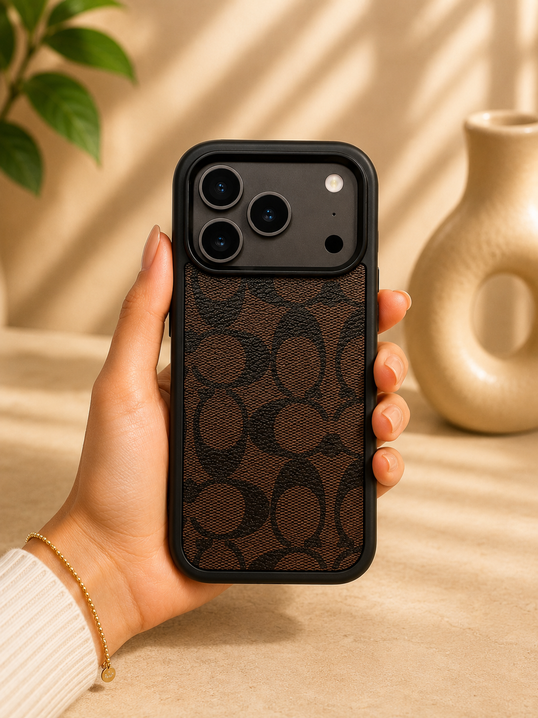 CCH Luxury Branded PU Leather Case for iPhone 17 Pro (Dark Brown)