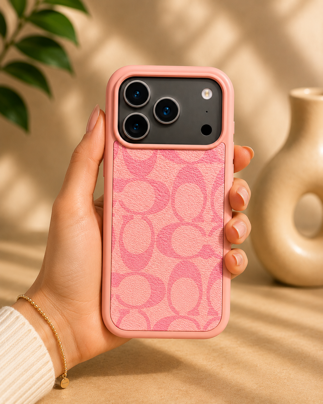 CCH Luxury Branded PU Leather Case for iPhone 17 Pro Max (Pink)