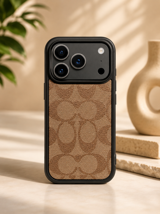 CCH Luxury Branded PU Leather Case for iPhone 17 Pro Max (Light Brown)