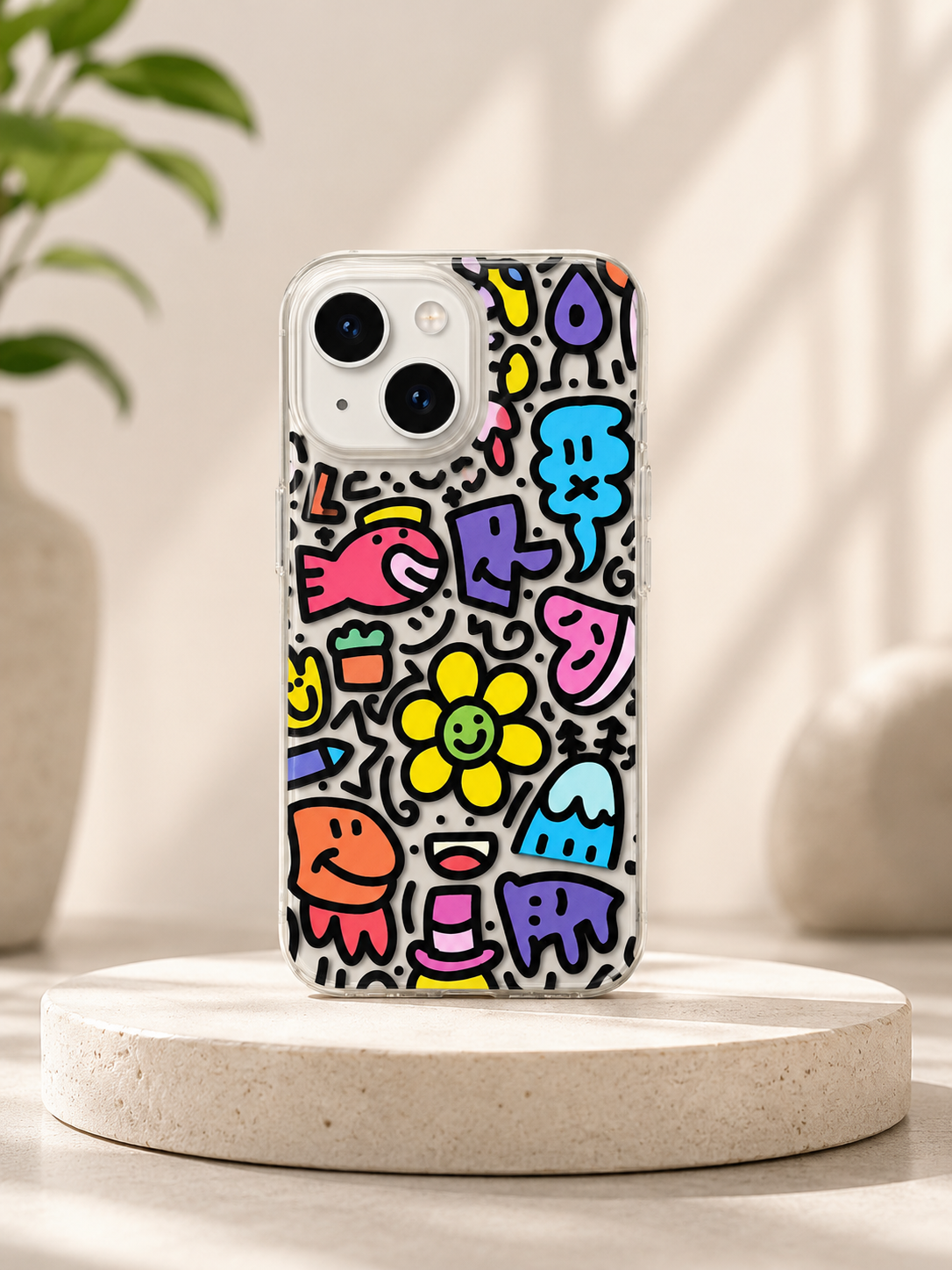 Doodles Colourful Design Transparent Designer Hard PC Anti Yellow Case for iPhone 15