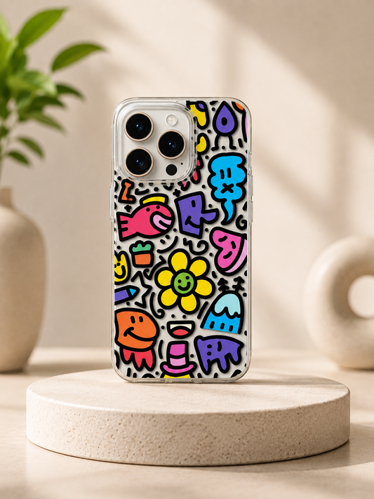 Doodles Colourful Design Transparent Designer Hard PC Anti Yellow Case for iPhone 15 Pro