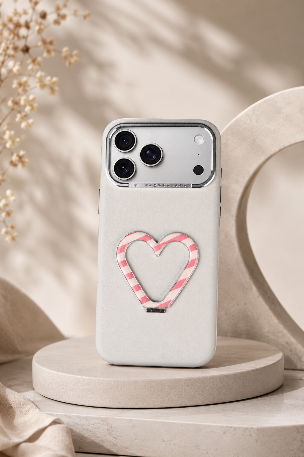 PU Leather Heart Design Stand Case For iPhone 17 Pro / 18 Pro (Light Grey)