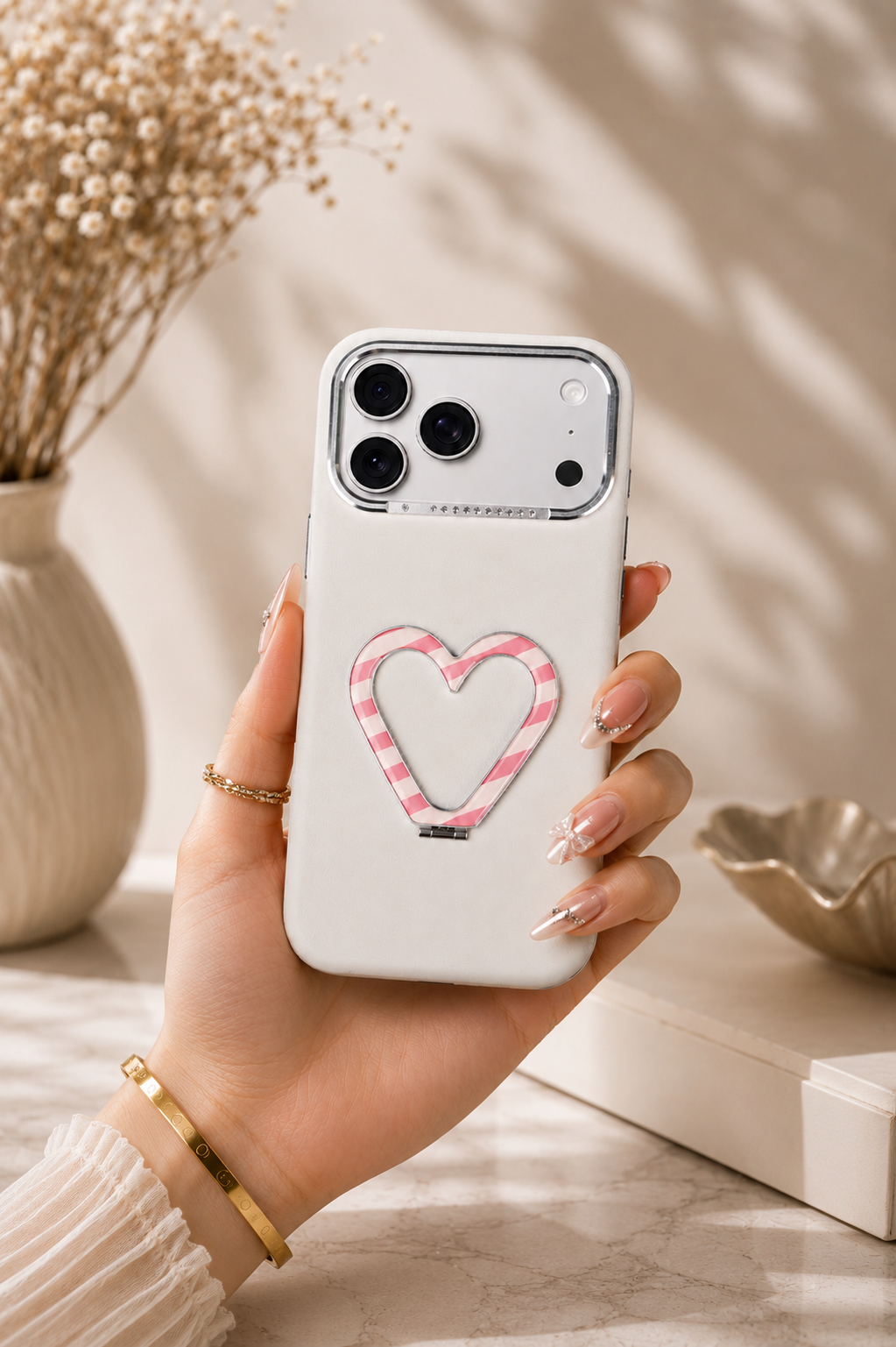 PU Leather Heart Design Stand Case For iPhone 17 Pro / 18 Pro (Light Grey)
