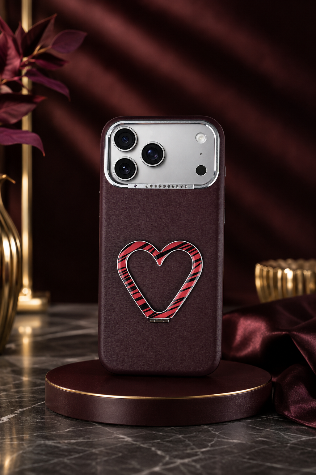 PU Leather Heart Design Stand Case For iPhone 17 Pro / 18 Pro (Dark Cherry)