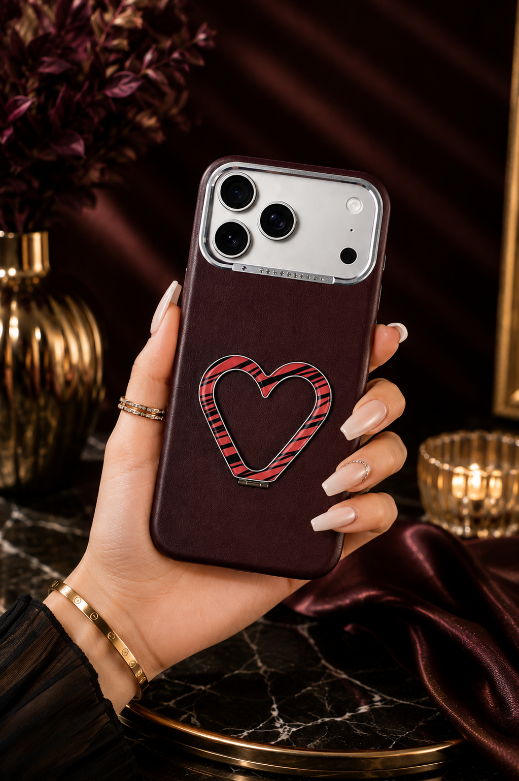 PU Leather Heart Design Stand Case For iPhone 17 Pro / 18 Pro (Dark Cherry)