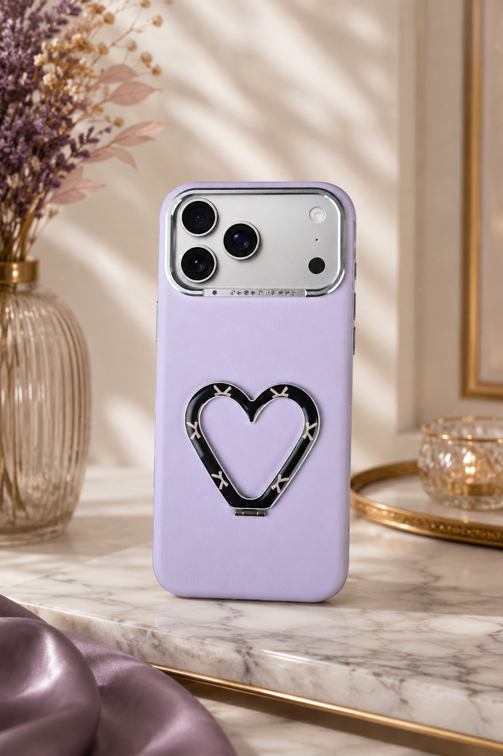 PU Leather Heart Design Stand Case For iPhone 17 Pro / 18 Pro (Purple)