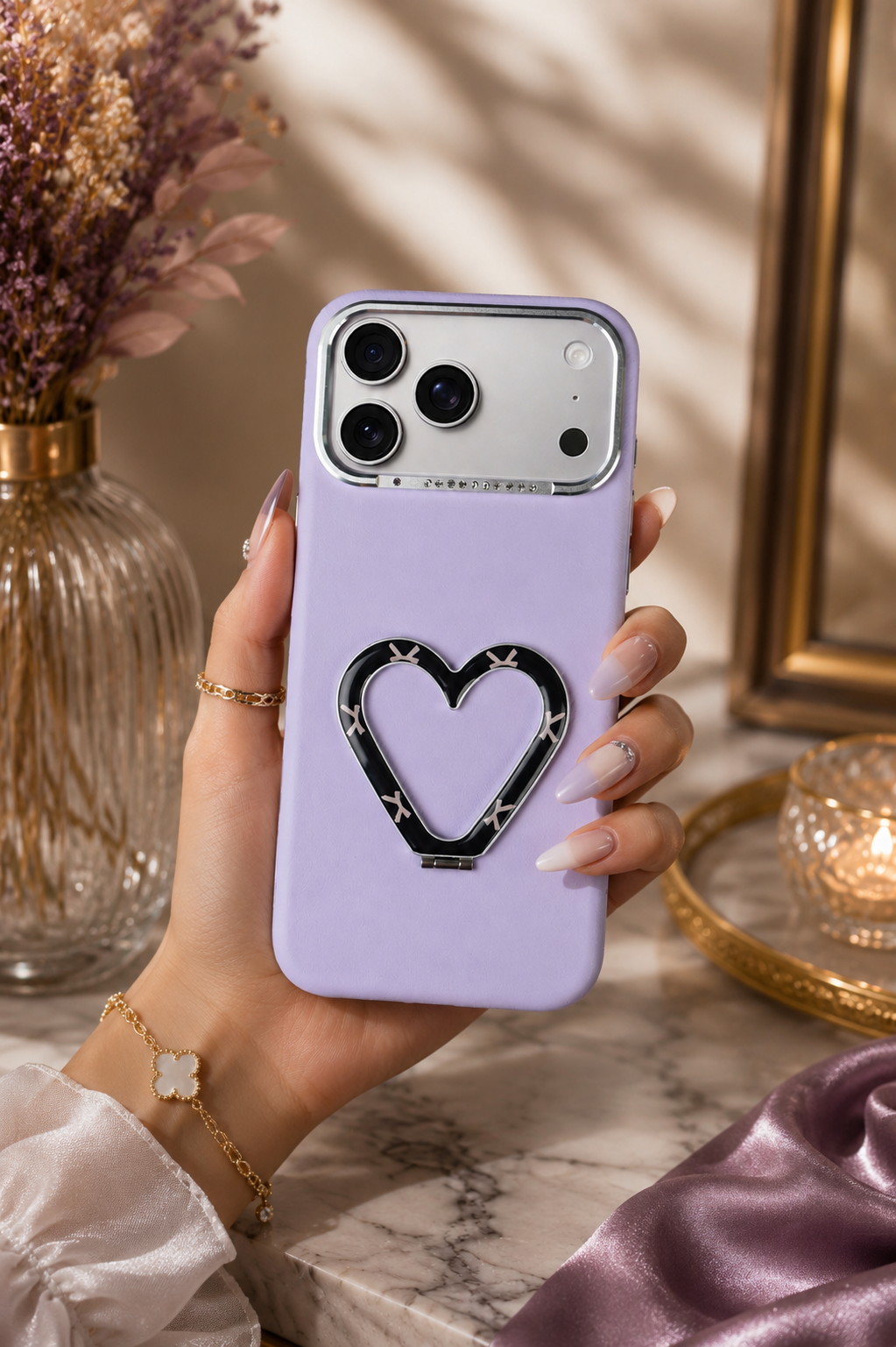 PU Leather Heart Design Stand Case For iPhone 17 Pro / 18 Pro (Purple)