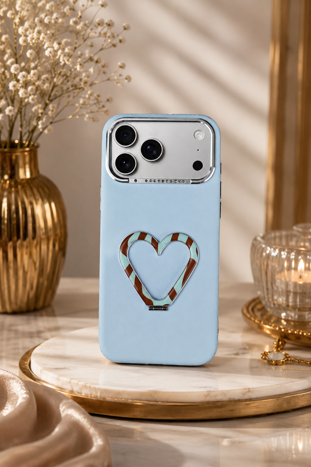 PU Leather Heart Design Stand Case For iPhone 17 Pro / 18 Pro (Light Blue)