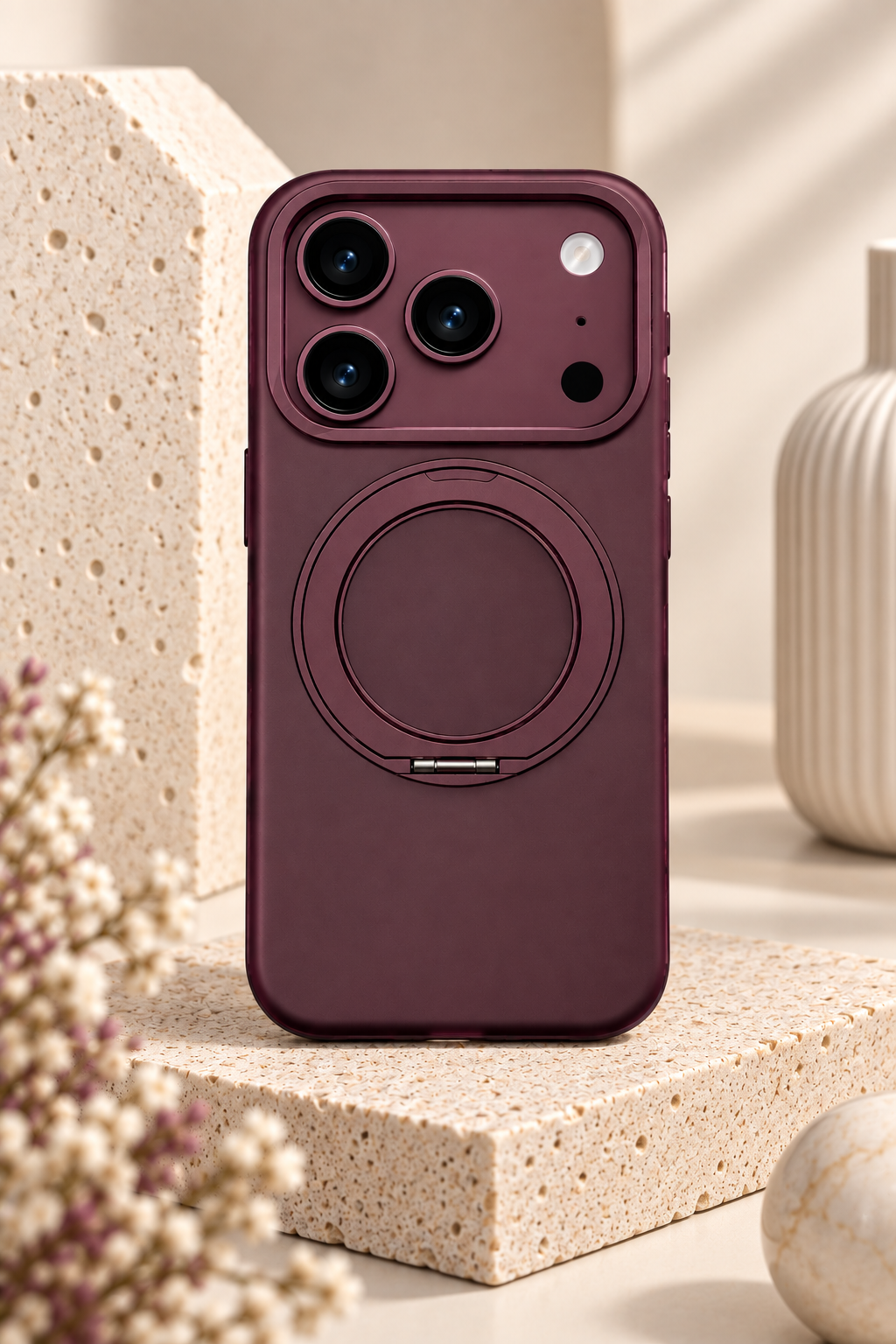 Rock Crystal Classic Rotating Series Case For iPhone 17 Pro /18 Pro (Dark Cherry) (Code:4973)