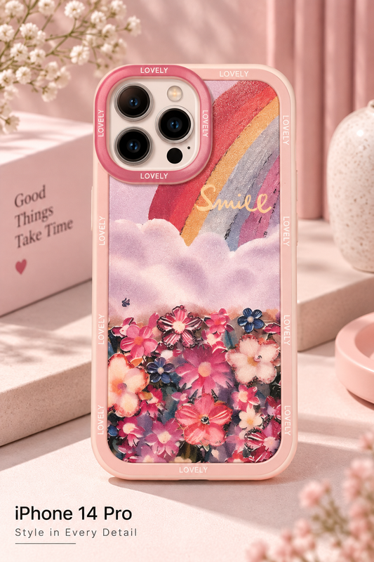Silicon Charm Case For iPhone 14 Pro (Smiley Rainbow)
