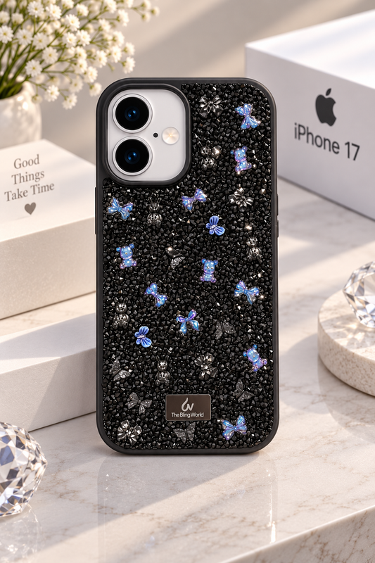 Floral Swarovski Bling World Glitter Case for iPhone 17 (Black)