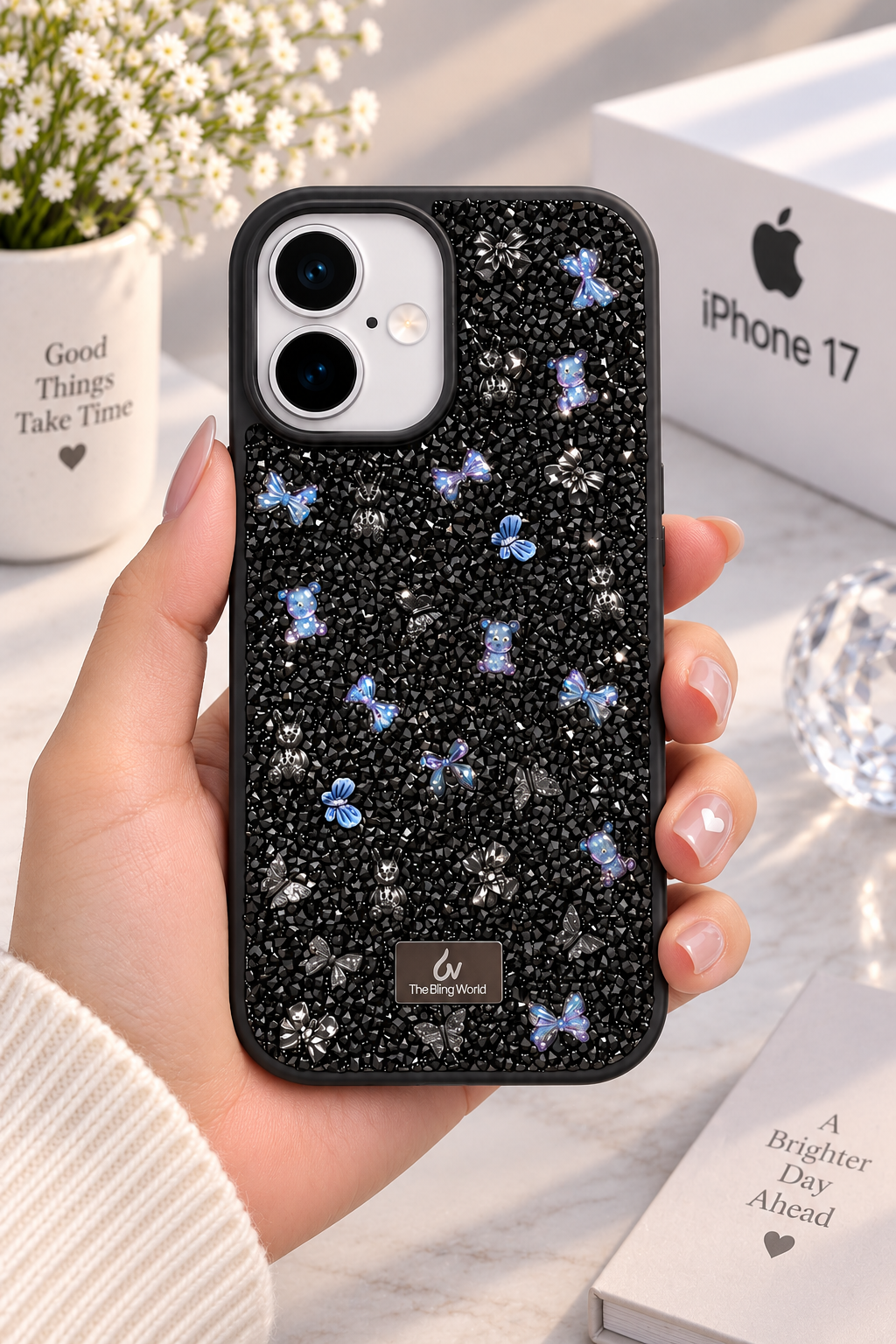 Floral Swarovski Bling World Glitter Case for iPhone 17 (Black)