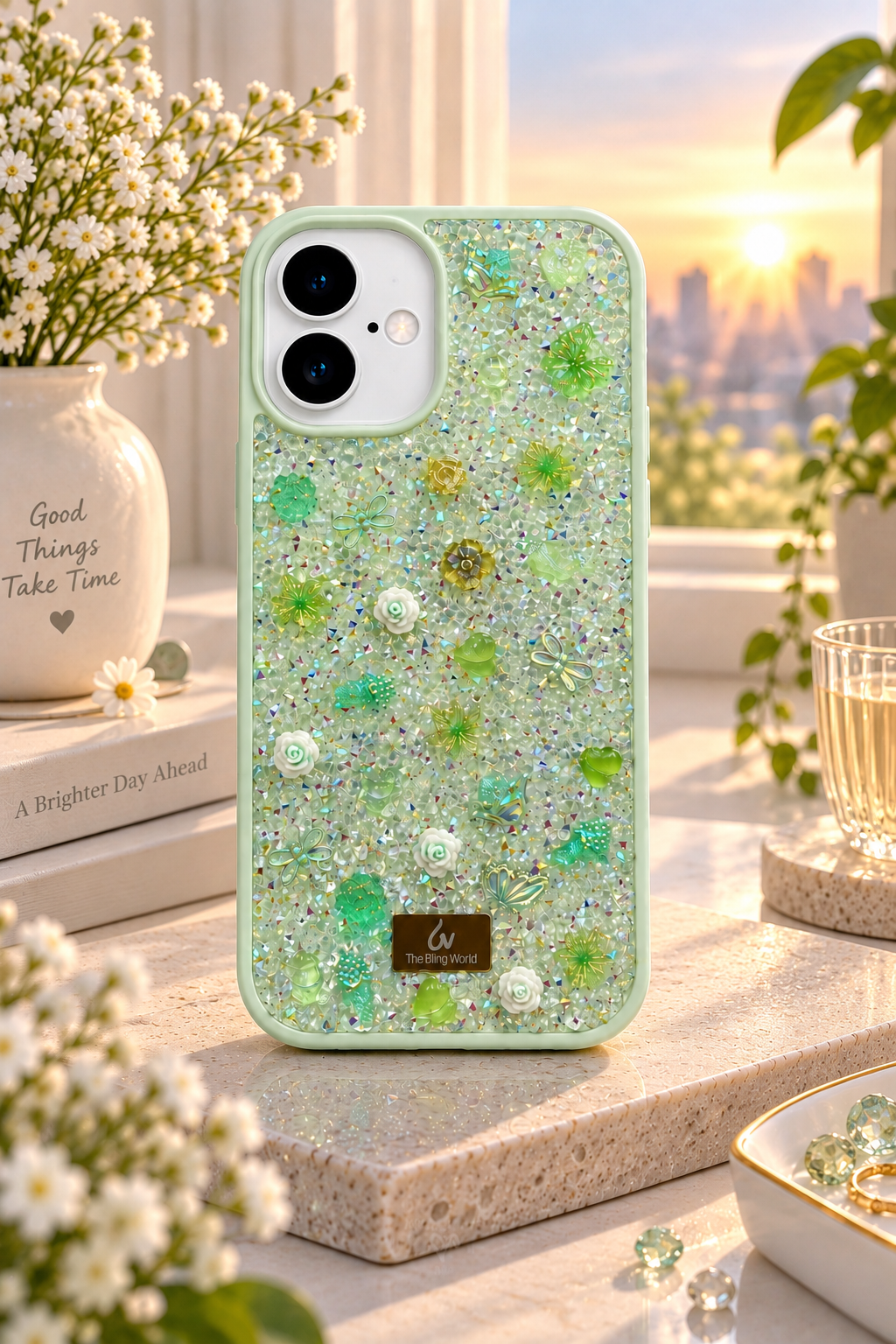 Floral Swarovski Bling World Glitter Case for iPhone 17 (Light Green)