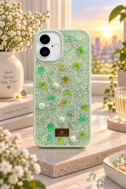 Floral Swarovski Bling World Glitter Case for iPhone 17 (Light Green)