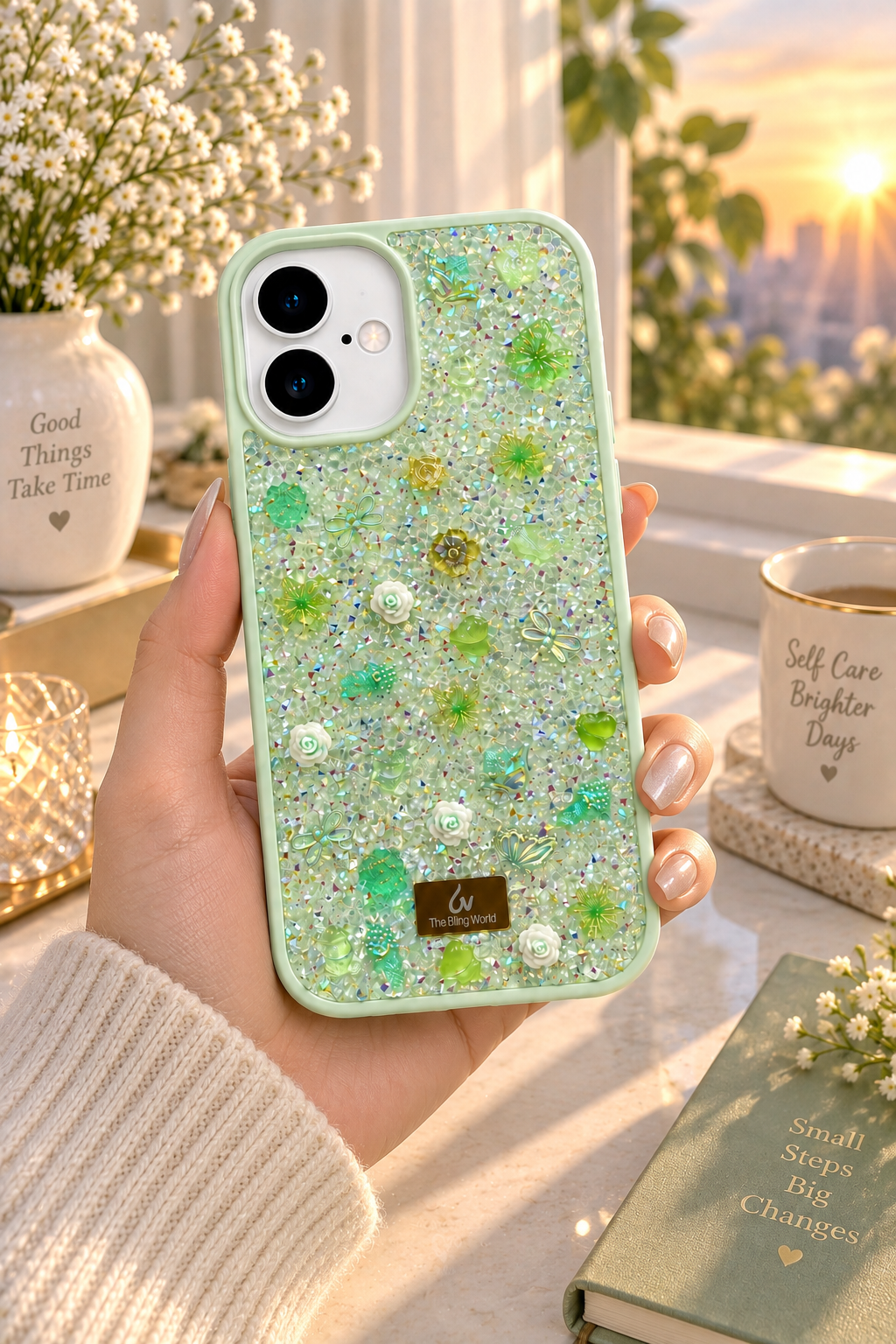 Floral Swarovski Bling World Glitter Case for iPhone 17 (Light Green)