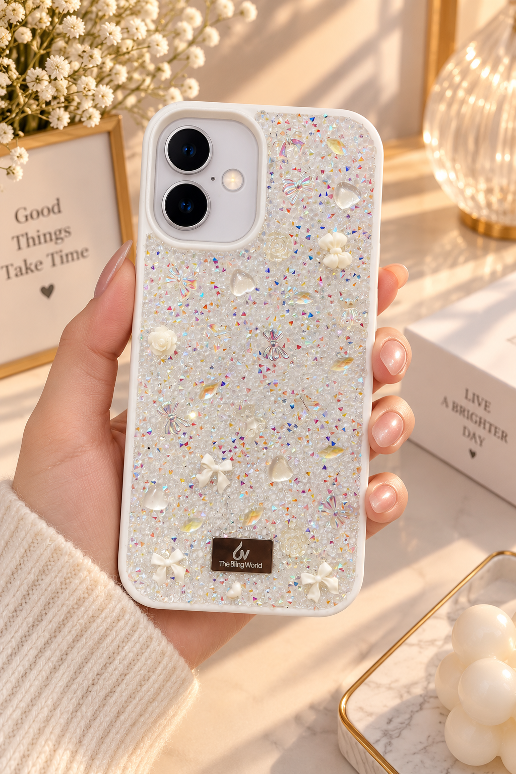Floral Swarovski Bling World Glitter Case for iPhone 17 (White)
