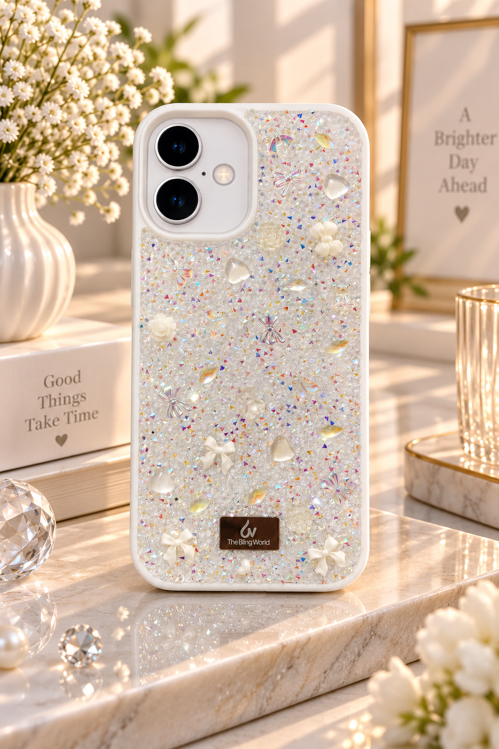 Floral Swarovski Bling World Glitter Case for iPhone 17 (White)