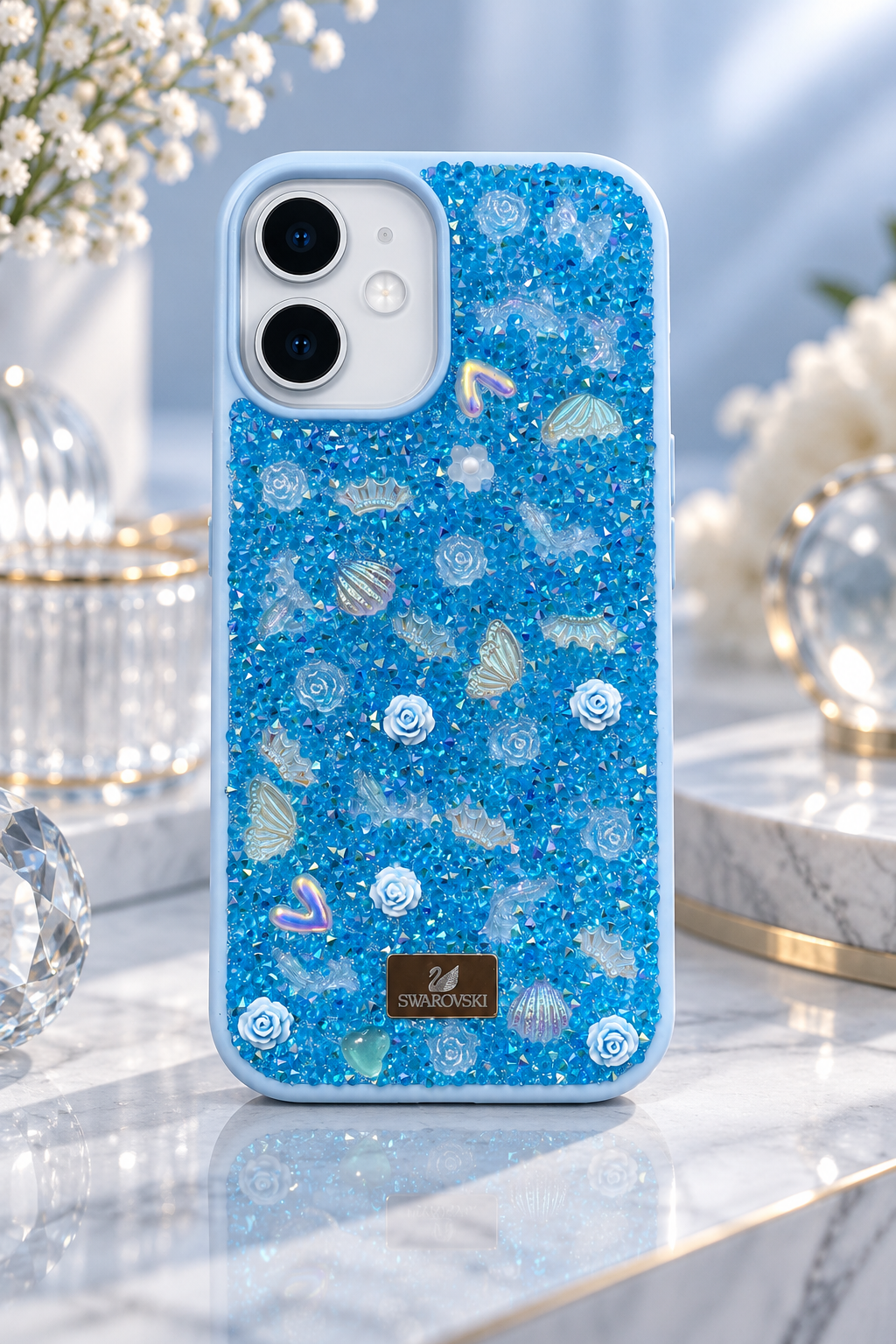 Floral Swarovski Bling World Glitter Case for iPhone 17 (Blue)