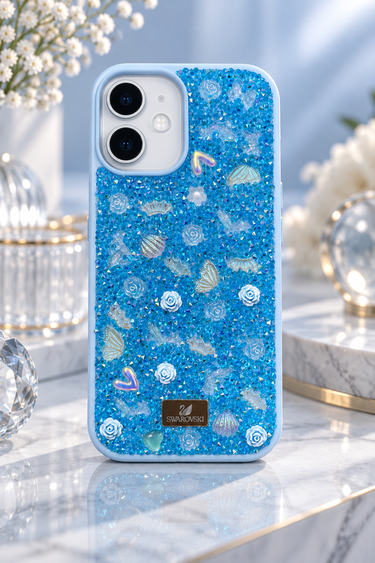 Floral Swarovski Bling World Glitter Case for iPhone 17 (Blue)