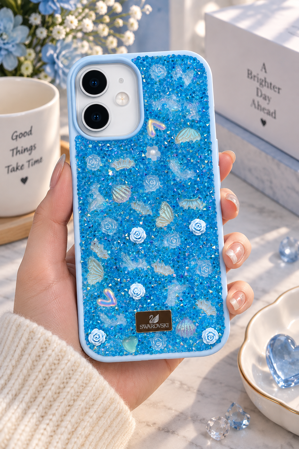 Floral Swarovski Bling World Glitter Case for iPhone 17 (Blue)