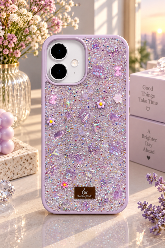 Floral Swarovski Bling World Glitter Case for iPhone 17 (L.Purple)