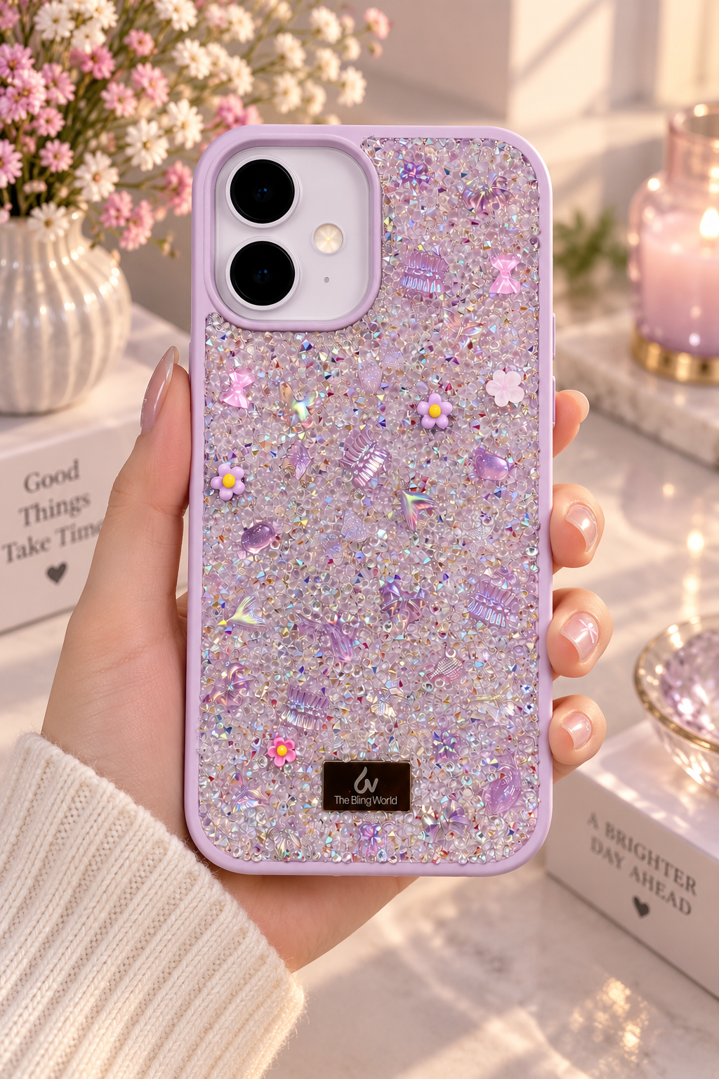 Floral Swarovski Bling World Glitter Case for iPhone 17 (L.Purple)