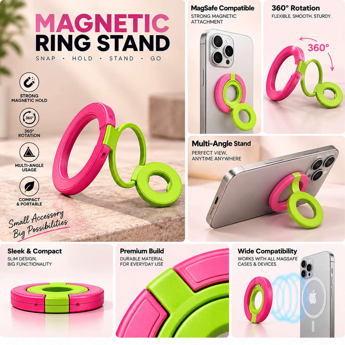 Multipurpose Magnetic MagSafe Ring Stand (Green/Pink)