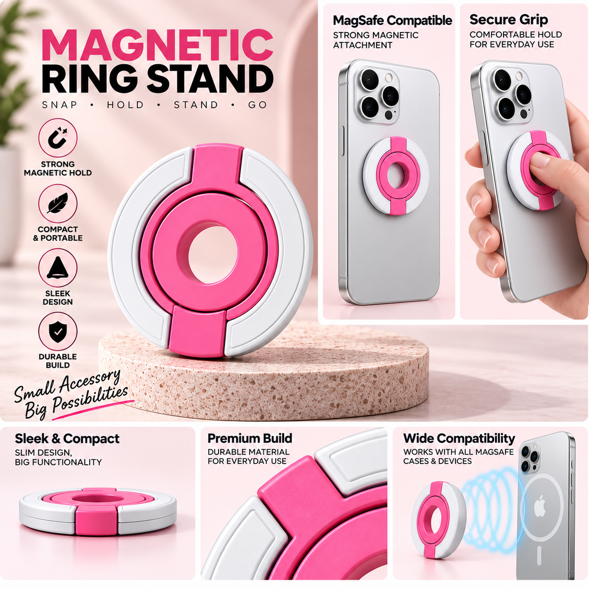 Multipurpose Magnetic MagSafe Ring Stand (Pink/White)