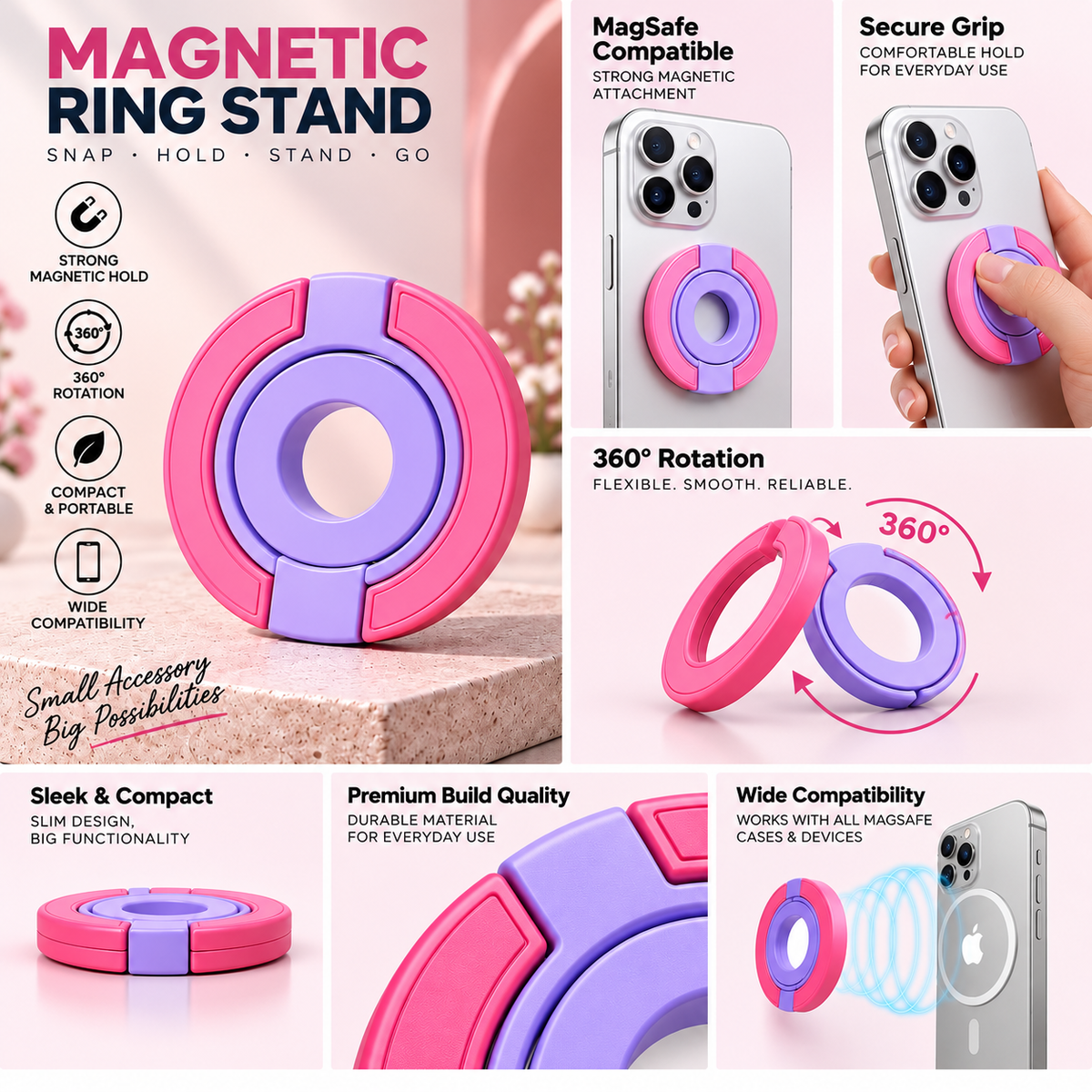 Multipurpose Magnetic MagSafe Ring Stand (Purple/Pink) (Code:4775)