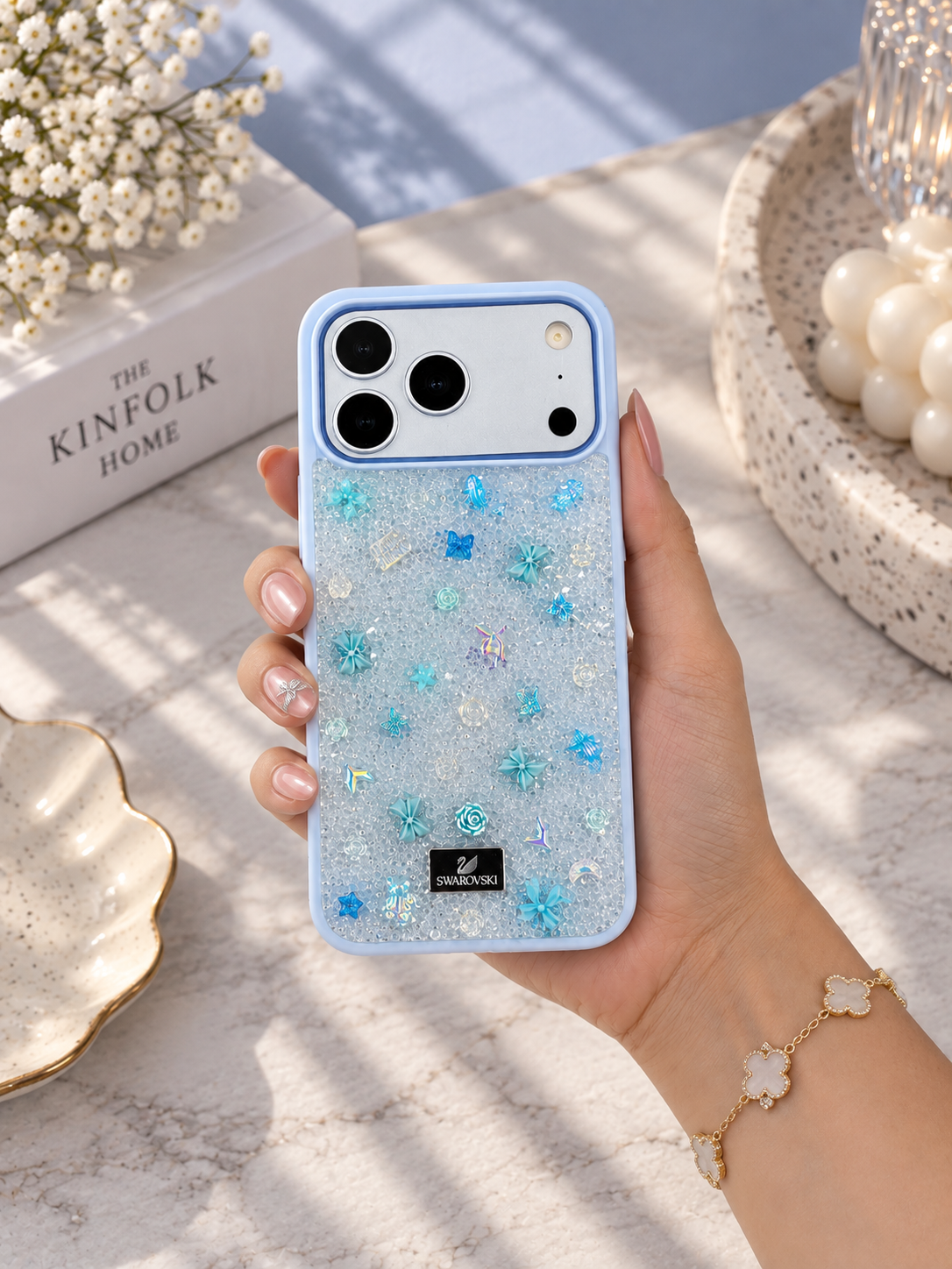Floral Swarovski Bling World Glitter Case For iPhone 17 Pro / 18 Pro (Glacier Blue)