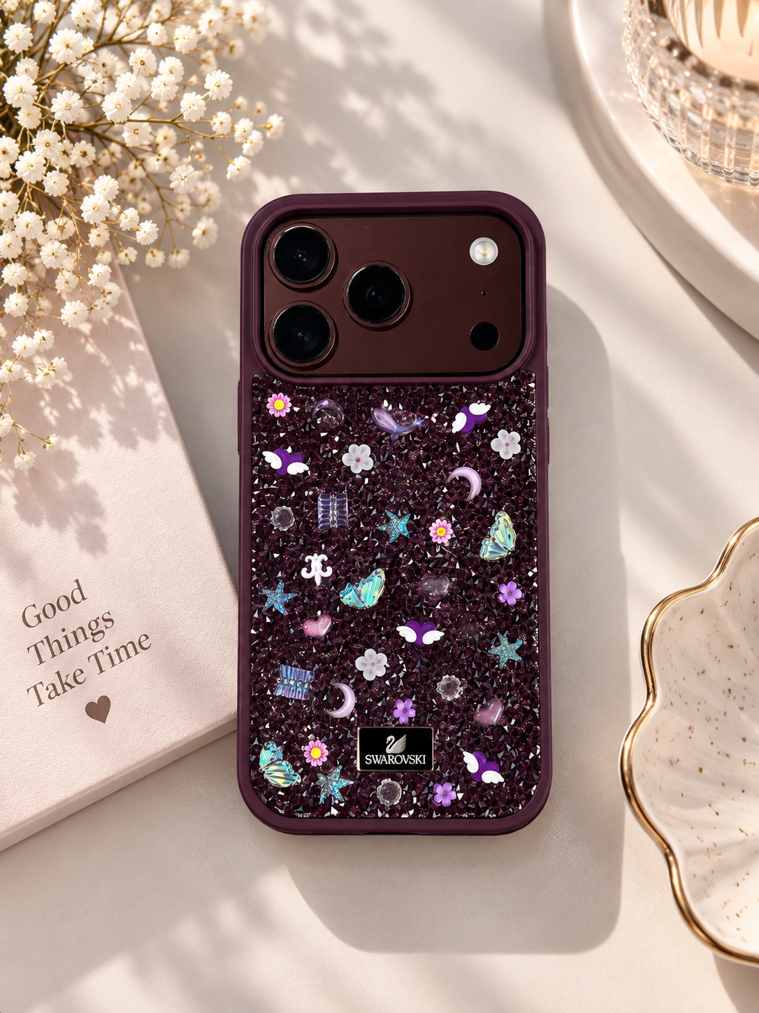 Floral Swarovski Bling World Glitter Case For iPhone 17 Pro Max / 18 Pro Max (Burgundy)
