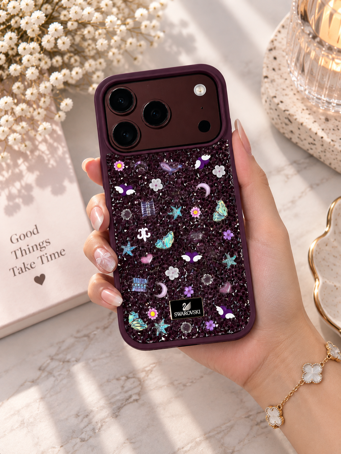 Floral Swarovski Bling World Glitter Case For iPhone 17 Pro Max / 18 Pro Max (Burgundy)