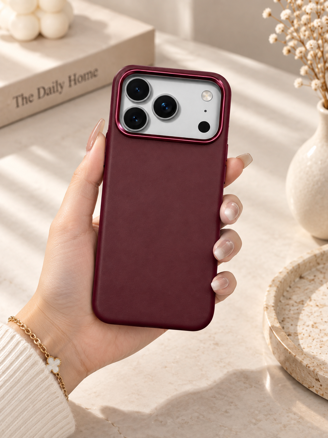 Plain PU Leather Case For iPhone 17 Pro / 18 Pro (Burgundy) (Code:5047)