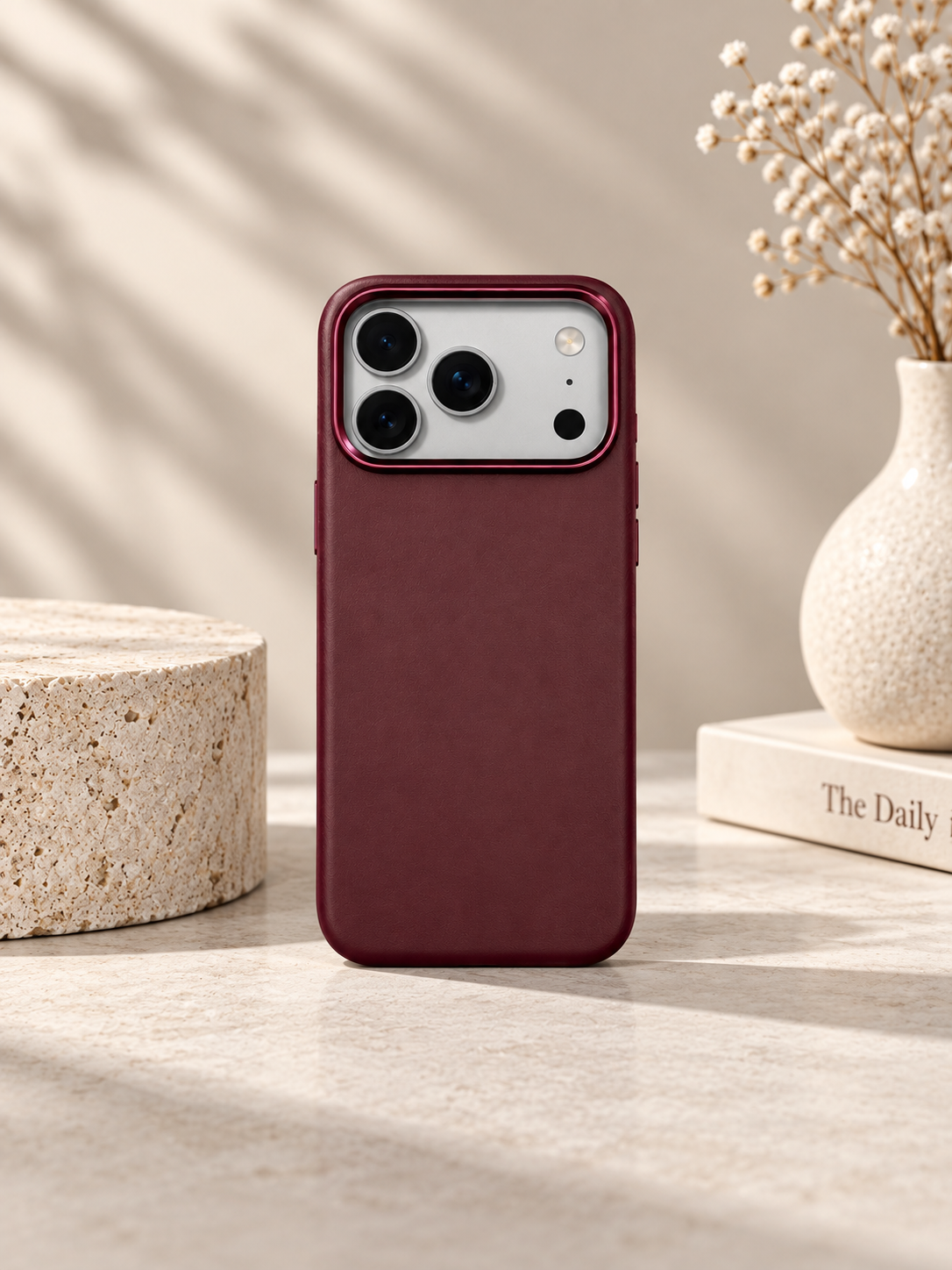Plain PU Leather Case For iPhone 17 Pro / 18 Pro (Burgundy) (Code:5047)